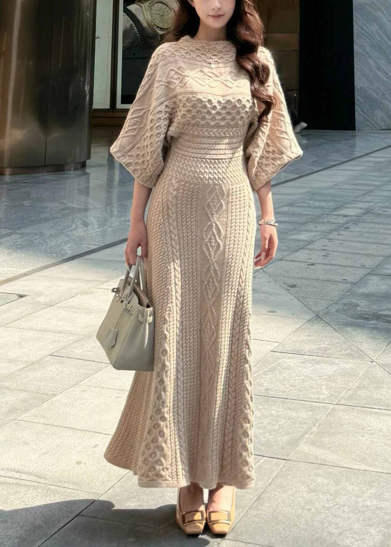 Unique Khaki O-neck Slim Fit Knit Long Dresses Spring