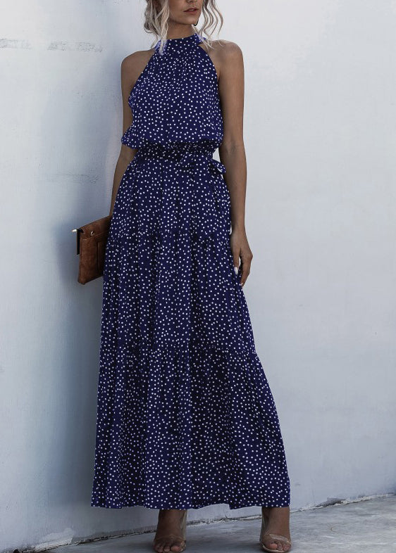 Green Halter Dot Print Patchwork Cotton Dresses Sleeveless