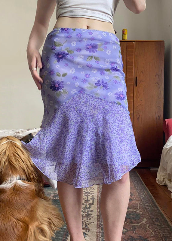 Purple Zippered Print Patchwork Chiffon Skirt Summer