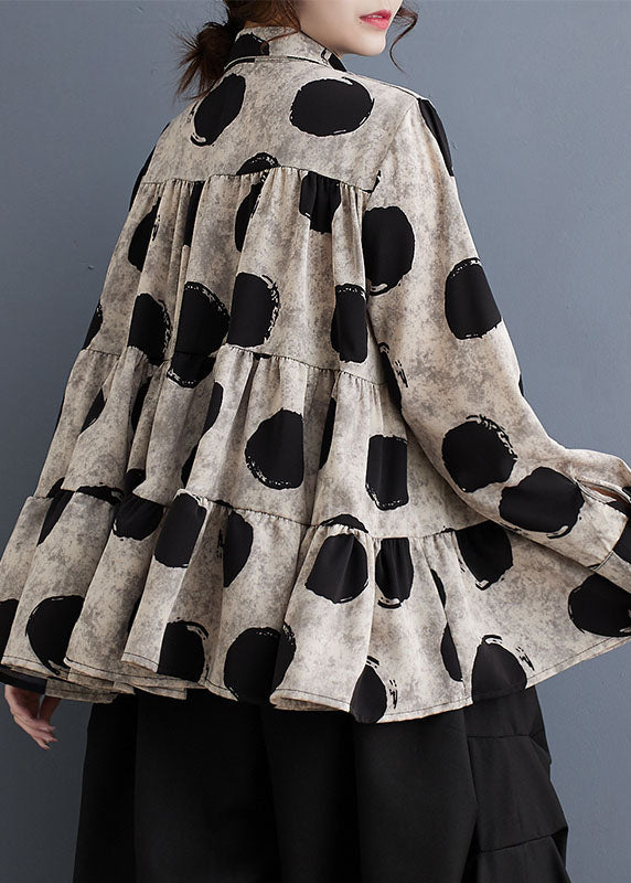 Black Peter Pan Collar Dot Wrinkled Cotton Shirts Fall