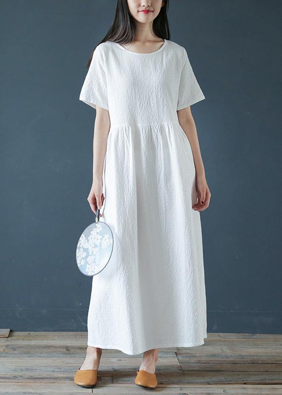 Style White Linen Cotton Dresses O Neck Jacquard Dresses Dresses