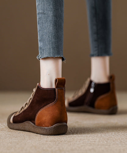 Red Cowhide Leather Splicing Lace Up Boots