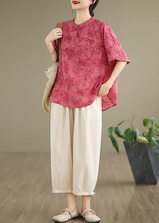 Rose Print Cotton Blouse Top Half Sleeve