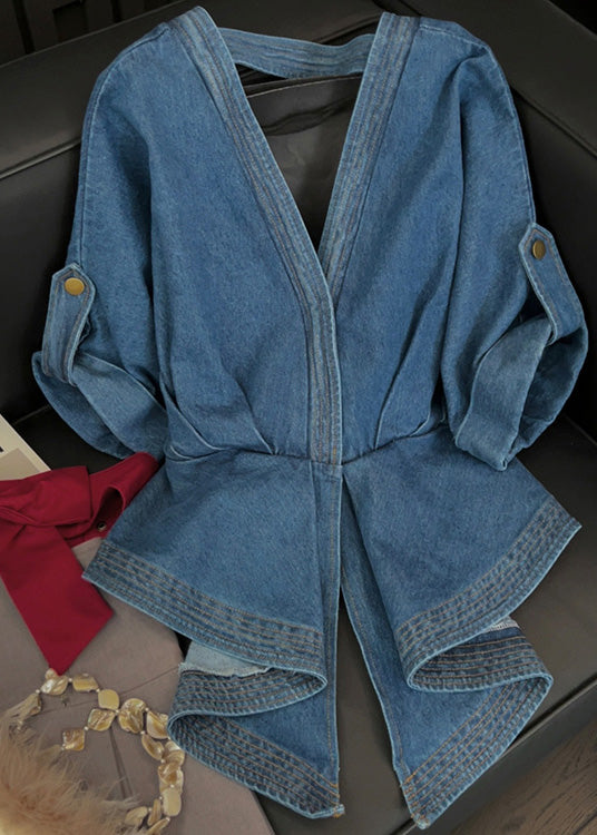 Blue Asymmetrical Bow Patchwork Denim Top Fall