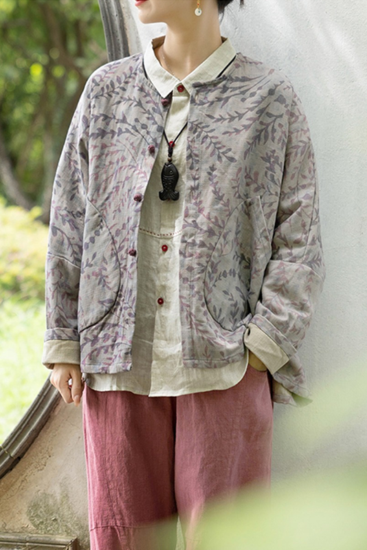 - Print Top Doll Sleeve Cotton Linen Jacket