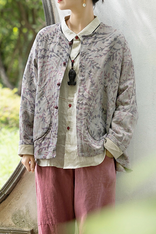 - Print Top Doll Sleeve Cotton Linen Jacket