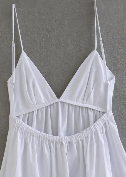 White Backless Cotton Spaghetti Strap Dress Summer