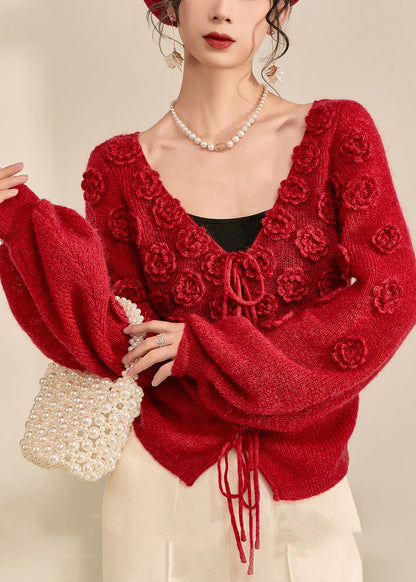 Style Red V Neck Drawstring Cotton Knit Sweater Lantern Sleeve