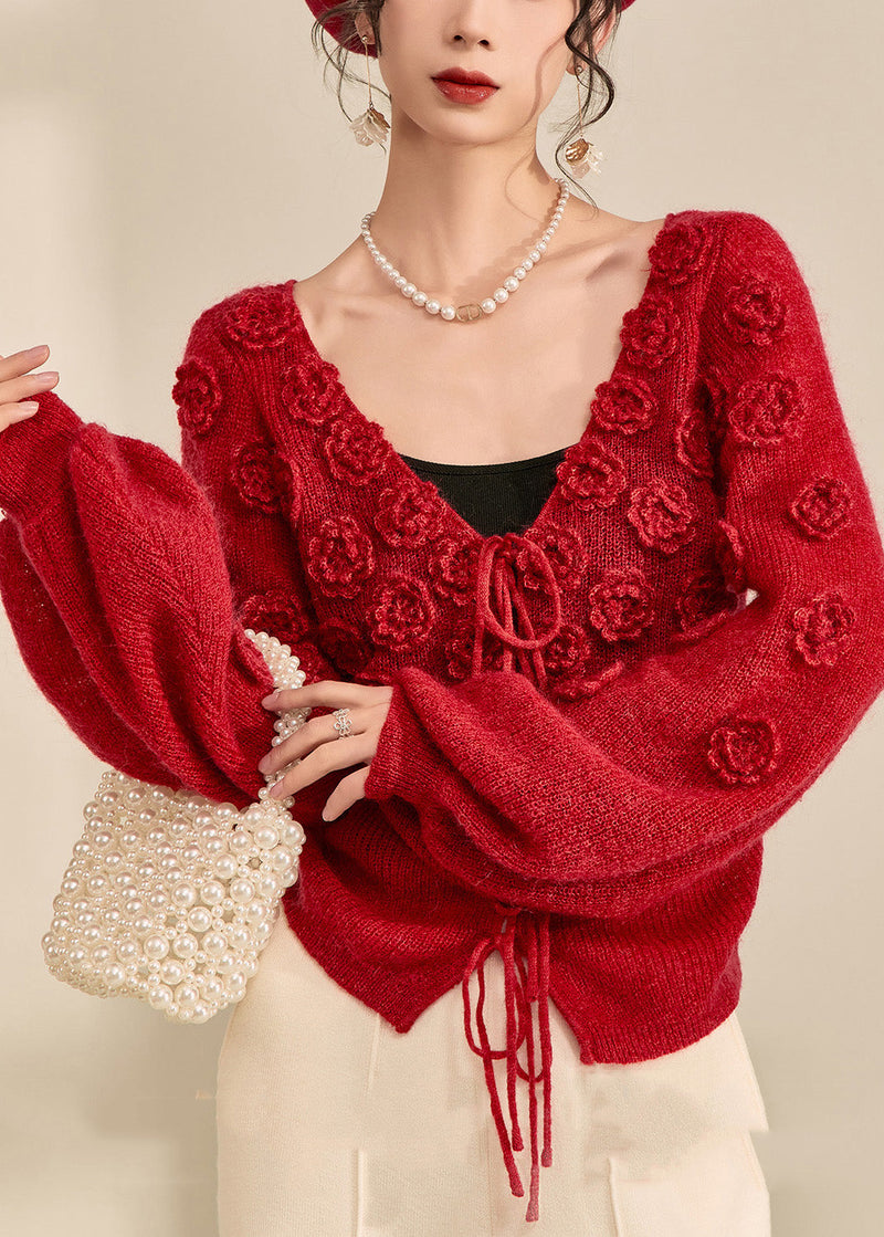 Style Red V Neck Drawstring Cotton Knit Sweater Lantern Sleeve