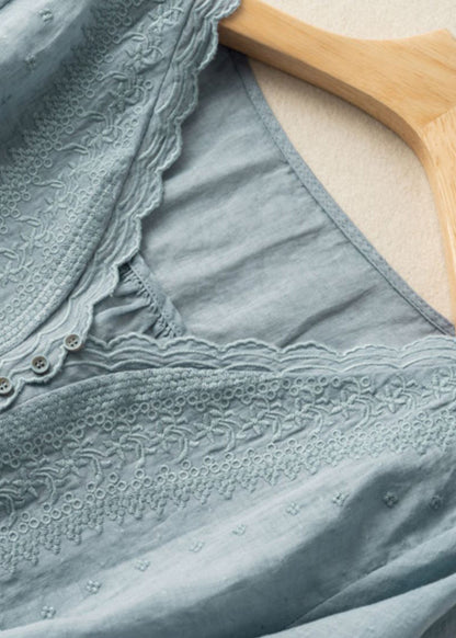 Simple Blue V Neck Linen Shirts Half Sleeve