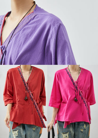 Purple Embroidered Patchwork Cotton Top Summer