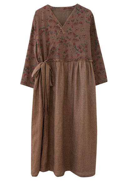Coffee Ruffled Tie Waist Oriental Linen Dresses Spring