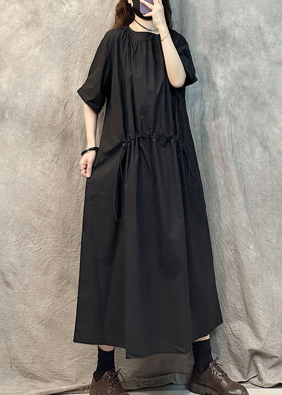 Coffee O-neck Drawstring Cotton Dresses Summer