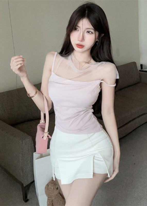 Organic Coffee Turtleneck Tulle Patchwork T Shirts Summer