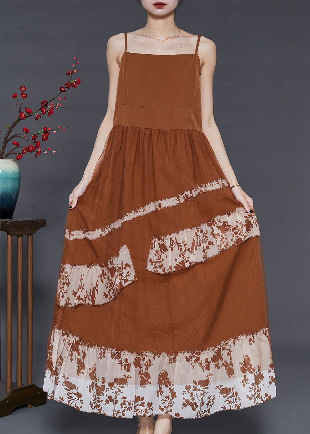 Coffee Patchwork Chiffon Spaghetti Strap Dress Summer