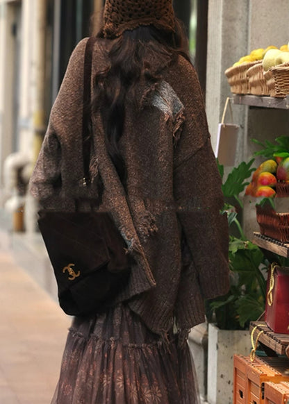 Coffee V Neck Button Cozy Cotton Knit Cardigans Spring