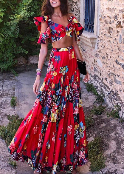 Red V Neck Print Cotton Long Dresses Summer