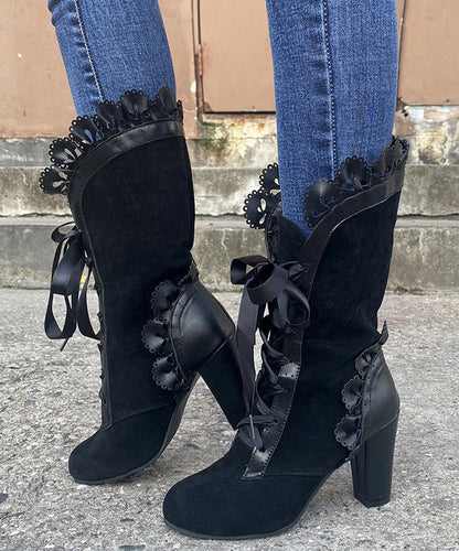 Stylish Black Suede Lace Cross Strap Splicing Chunky Heel Boots