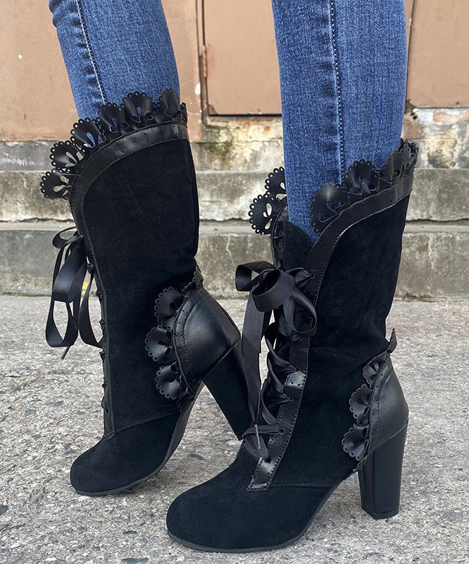 Stylish Black Suede Lace Cross Strap Splicing Chunky Heel Boots
