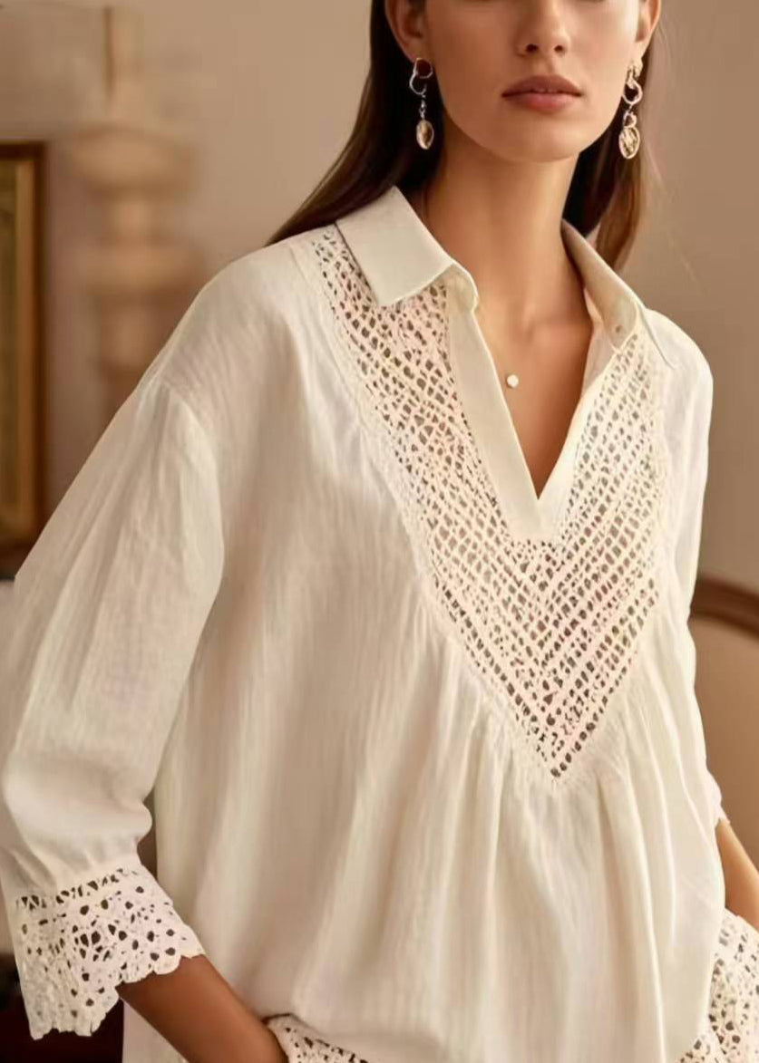 Art White Hollow Out Patchwork Lace Shirts Half Sleeve