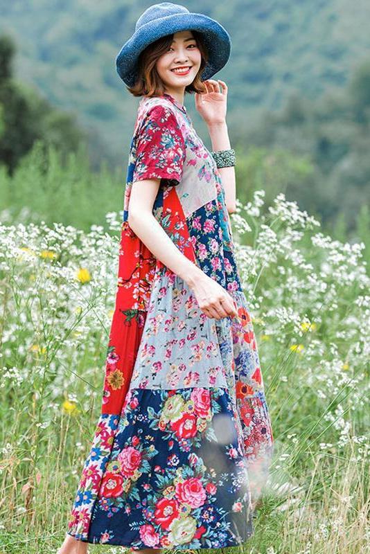 Print Splicing Short Sleeve 100% Cotton Dress