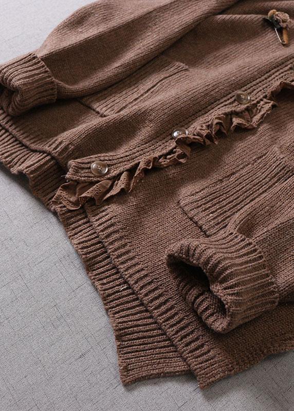 Art Beige Hooded Button Pockets Fall Knit Sweaters Coat