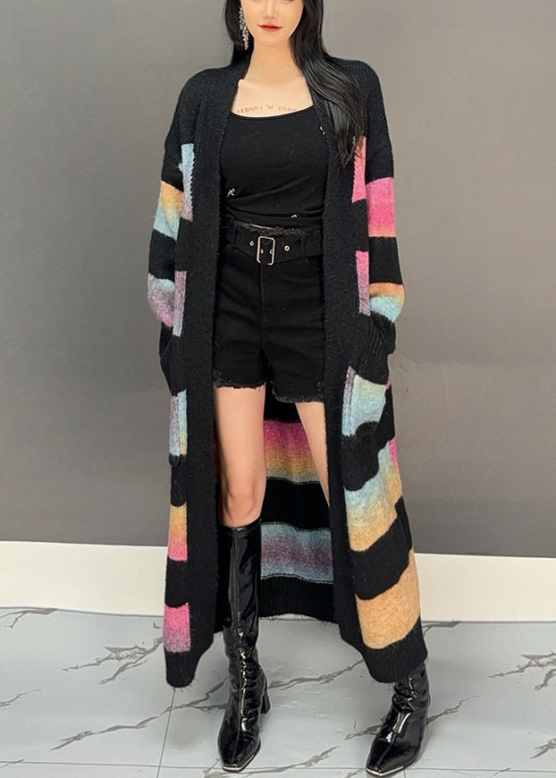 Yellow Striped Pockets Knit Long Cardigan Winter