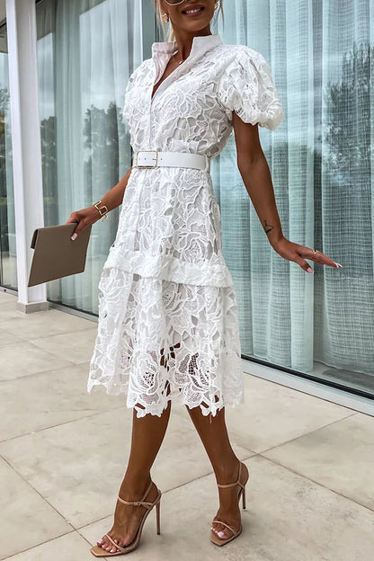 Absolutely Crochet Lace Puff Sleeve Belted Shirt Midi Dress