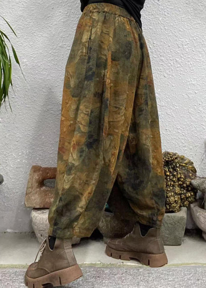 Yellow Pockets Print Elastic Waist Cotton Crop Pants Spring