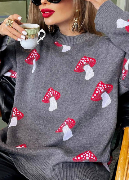 Grey O Neck Jacquard Thick Knit Sweater Fall