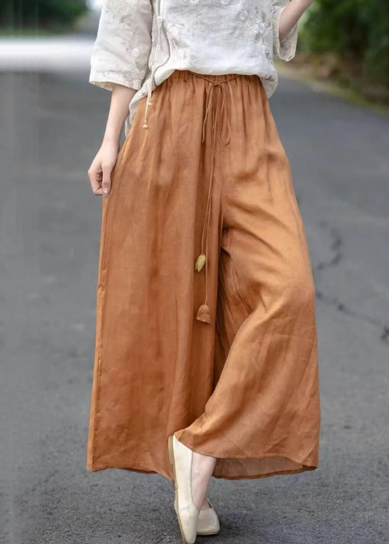Orange Pockets Cotton Summer Crop Pants Elastic Waist