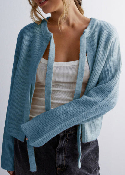 Apricot O Neck Lace Up Knit Loose Coat Fall