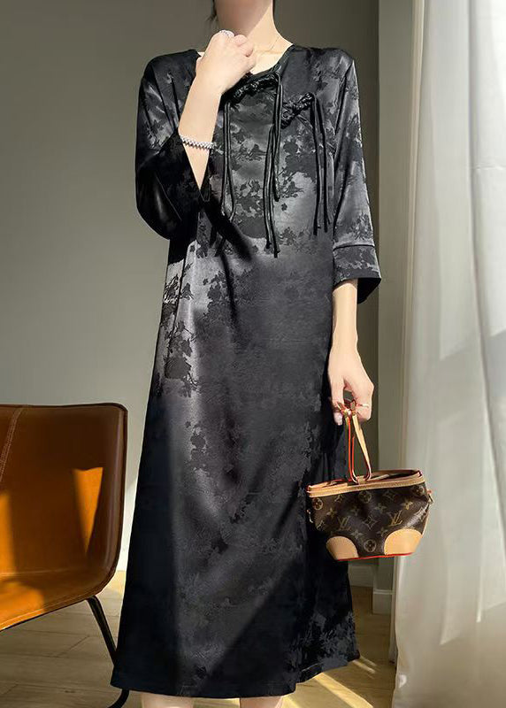 Black Chinese Button Silk Dresses Fall