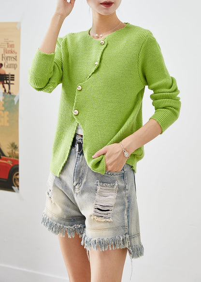 Grass Green Asymmetrical Side Open Knit Short Sweater Winter