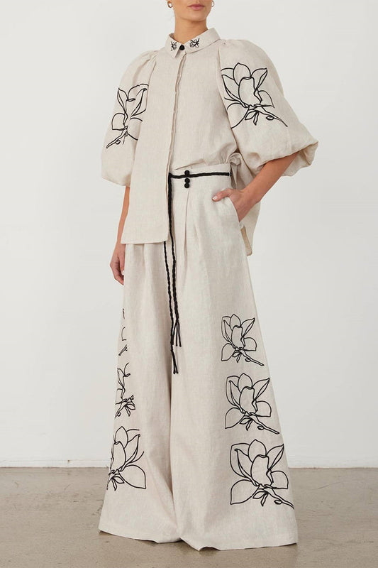 Print Flowers Pocket Frenulum Turndown Collar Half Sleeve Two Pieces