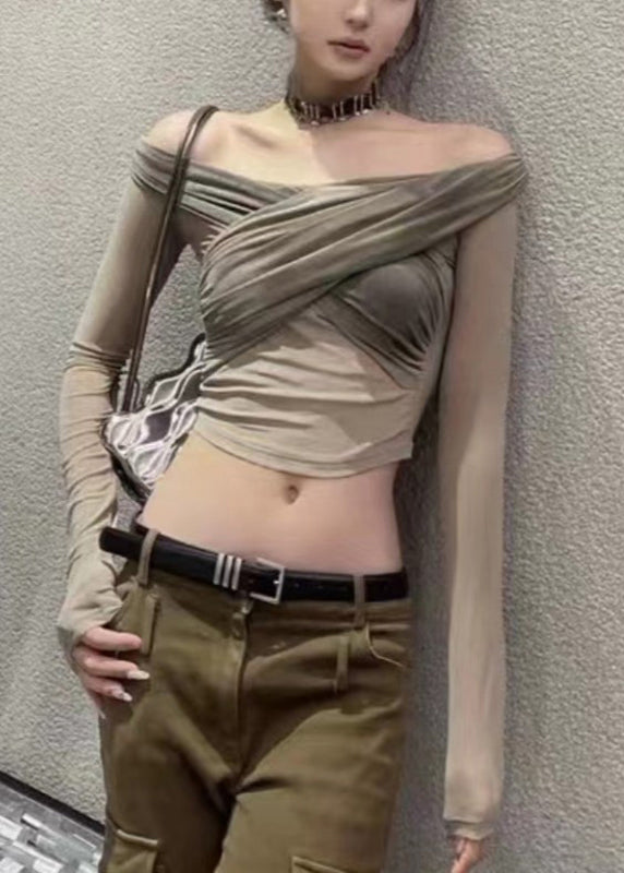 Style Grey Slash Shoulder Asymmetrical Tulle Tops Fall