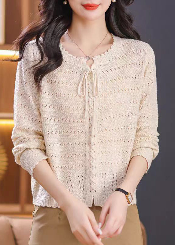Red O Neck Hollow Out Lace Up Knit Shirt Top Fall