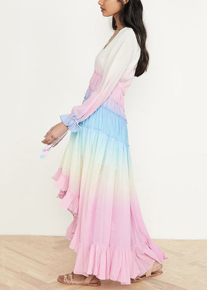 Red Gradient Color Ruffled Lace Up Chiffon Dress Long Sleeve
