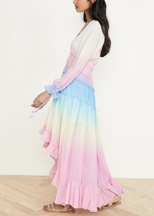 Red Gradient Color Ruffled Lace Up Chiffon Dress Long Sleeve