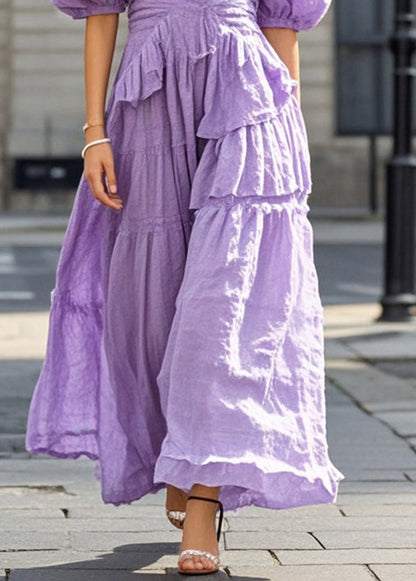 Purple Puff Sleeve Exra Large Hem Cotton Long Dresses