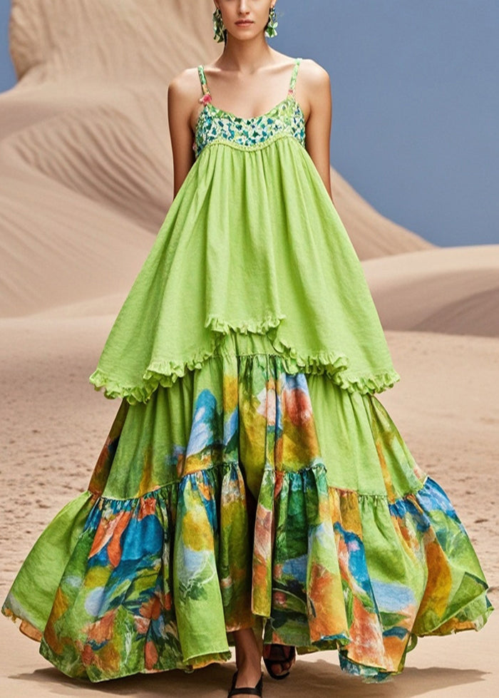 Grass Green Print Exra Large Hem Cotton Spaghetti Strap Dress Summer