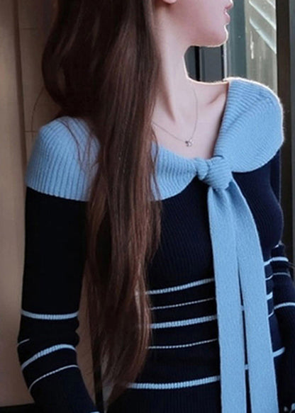 Blue Striped Bow Patchwork Knit Sweater Fall