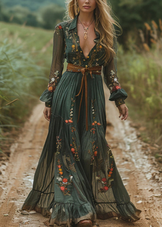 Green Peter Pan Collar Print Wrinkled Cotton Long Dresses Fall