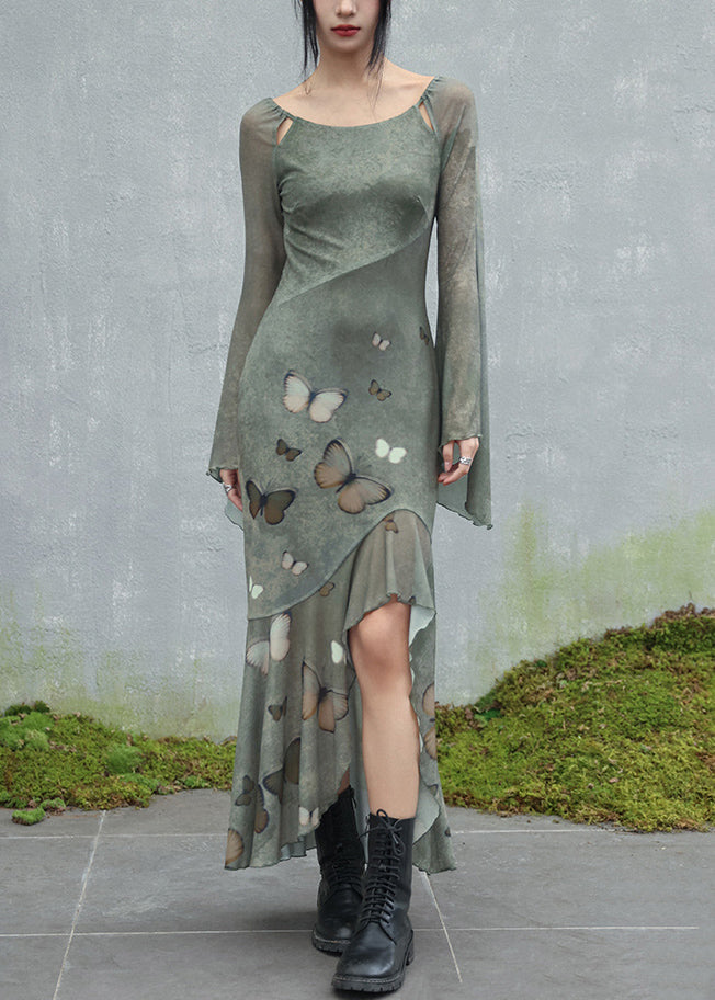 Original Design Green O-neck Butterfly Tulle Maxi Dresses Flare Sleeve