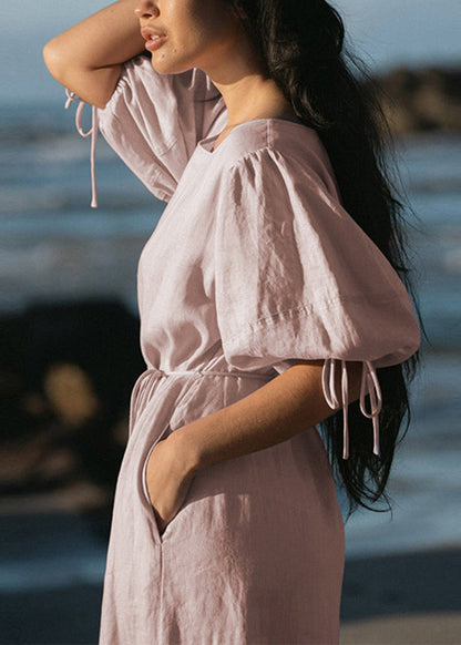 French Pink Lace Up Linen Dresses Lantern Sleeve