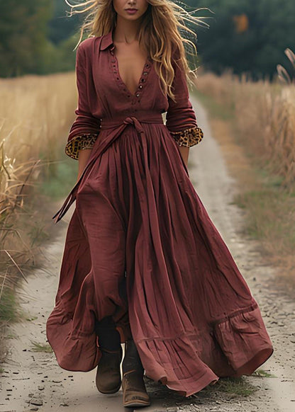 Brick Red Wrinkled Patchwork Cotton Robe Dresses Spring