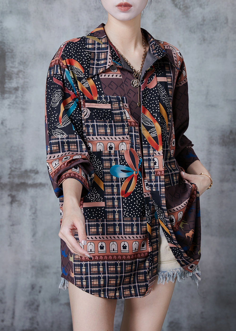 Chocolate Character Print Chiffon Shirts Spring