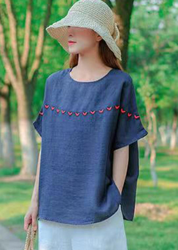Navy O-neck Embroidered Cotton Tank Tops Short Sleeve