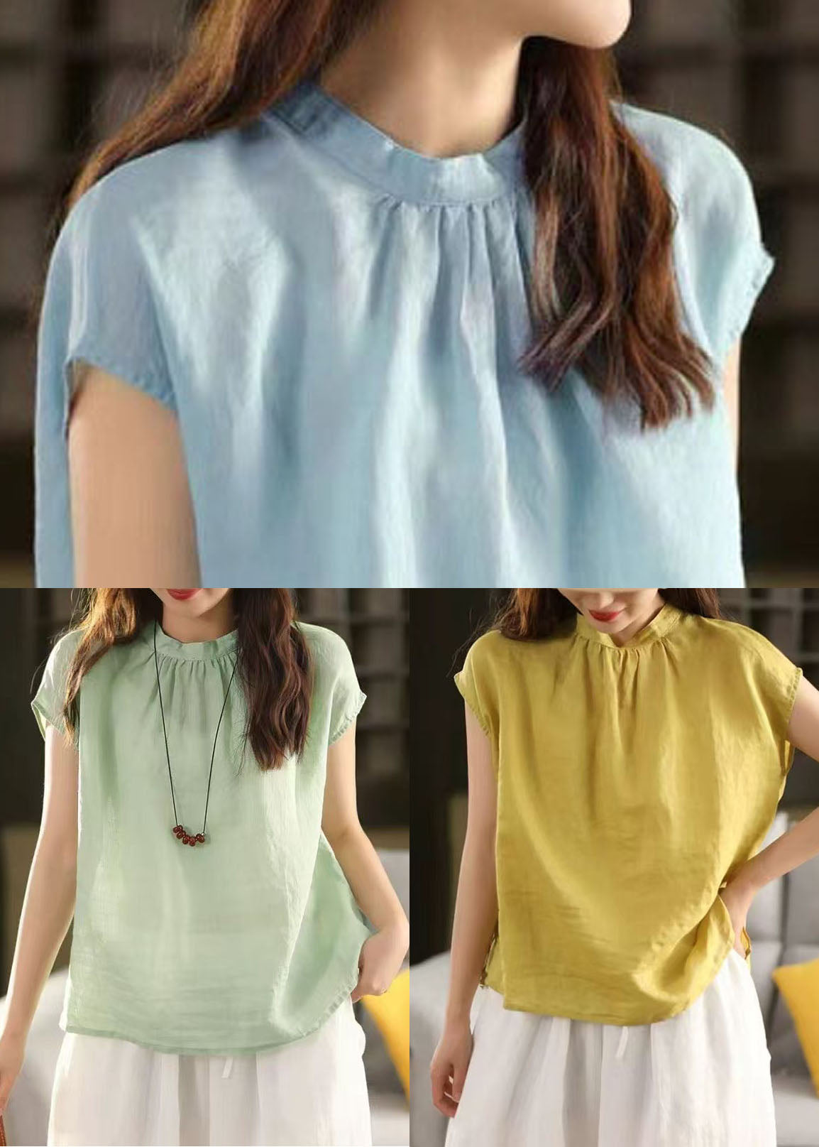 Sky Blue Linen Tops Stand Collar Oversized Summer