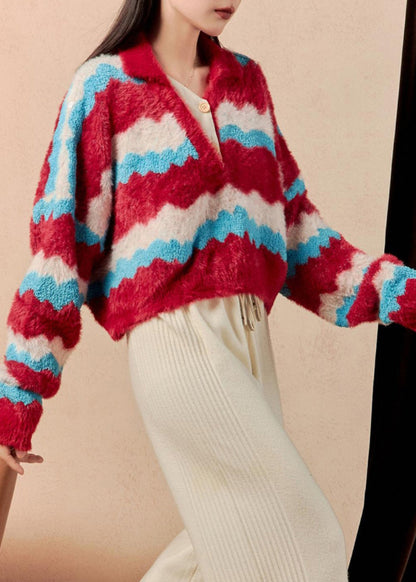 Striped V Neck Cozy Mink Hair Knitted Short Sweaters Winter